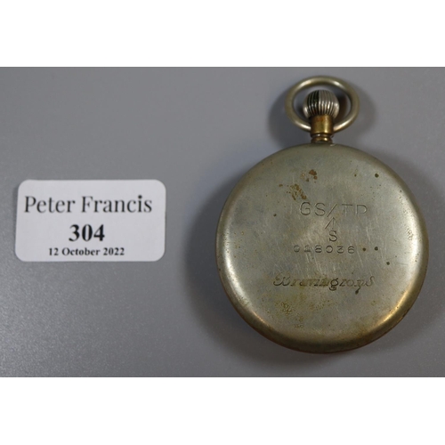 304 - Silver plated top wind military pocket watch with subsidiary seconds dial.
(B.P. 21% + VAT)