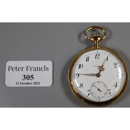 305 - 14ct gold outer case, 'Eterna' top wind pocket watch with subsidiary seconds dial.  Approx weight 68... 