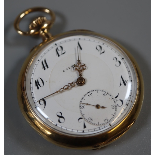 305 - 14ct gold outer case, 'Eterna' top wind pocket watch with subsidiary seconds dial.  Approx weight 68... 