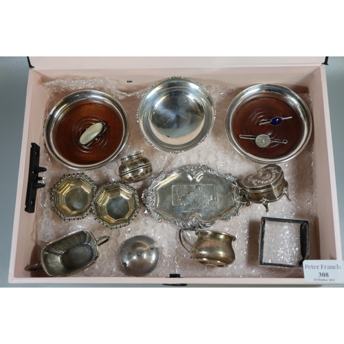 308 - Collection of silver including a pair of wine coasters, a Walker and Hall bon bon dish, salts, pin d... 