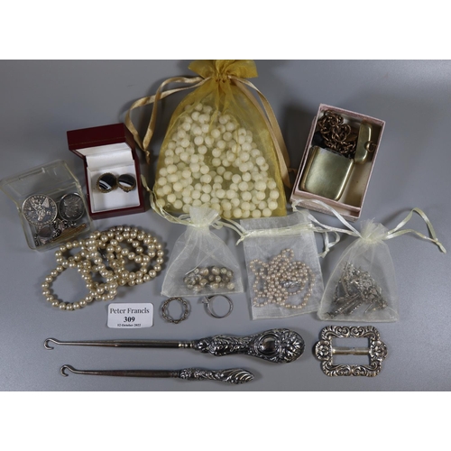 309 - Collection of silver and costume jewellery including a pair of 1930s silver an paste long chandelier... 