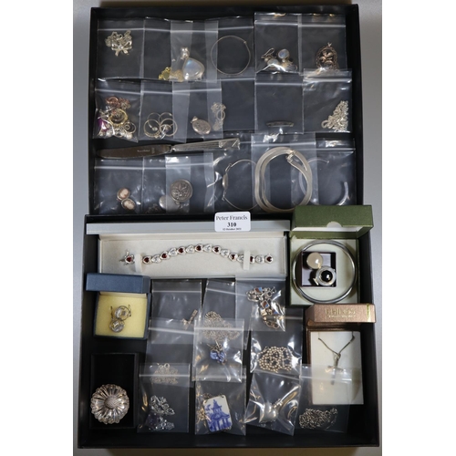 310 - Collection of silver jewellery including gem set rings and pendants, a silver torc bangle, Victorian... 