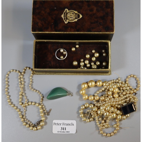 311 - Two simulated pearl necklaces and a pendant, silver ring etc.   (B.P. 21% + VAT)