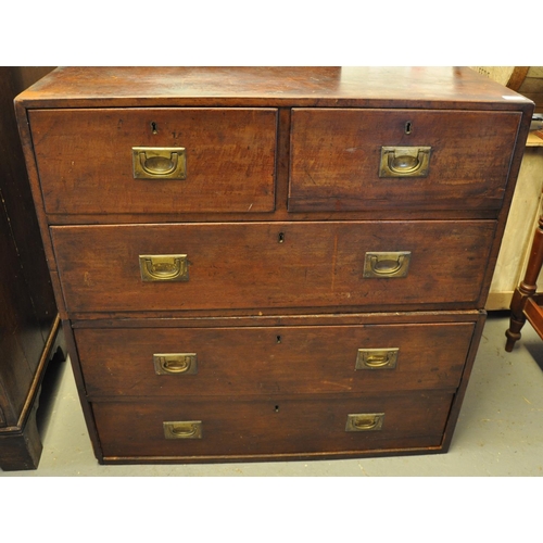 465 - 19th century mahogany two stage campaign straight front chest of two short and three long drawers wi...