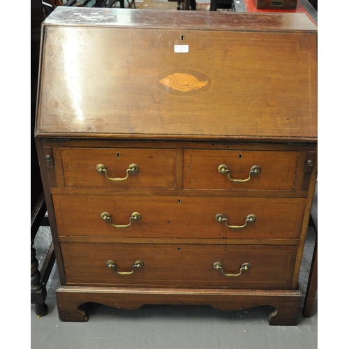 471 - Edwardian mahogany inlaid fall front bureau, having a bank of two short and two long drawers on proj... 