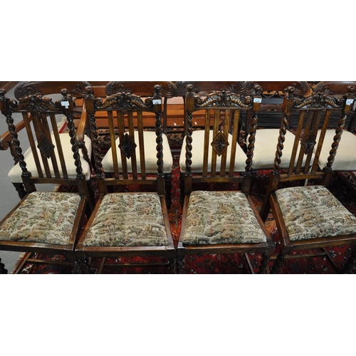 495 - Set of four early 20th century oak barley twist dining chairs with stuff over drop in seats standing... 