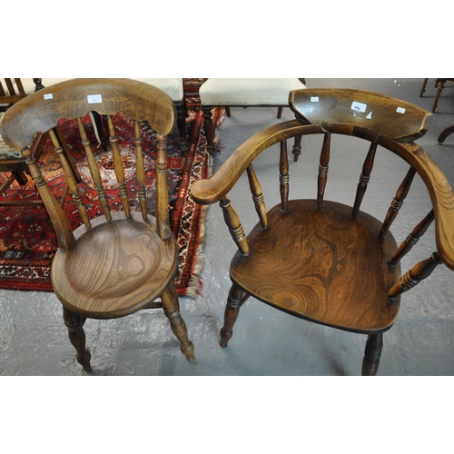 496 - Early 20th century elm smoker's bow chair together with another early 20th century elm spindle back ... 