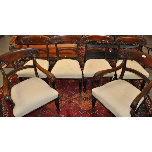 497 - Set of six mahogany Regency style curve and bar back dining chairs with stuff over seats.  (4+2)  (6... 