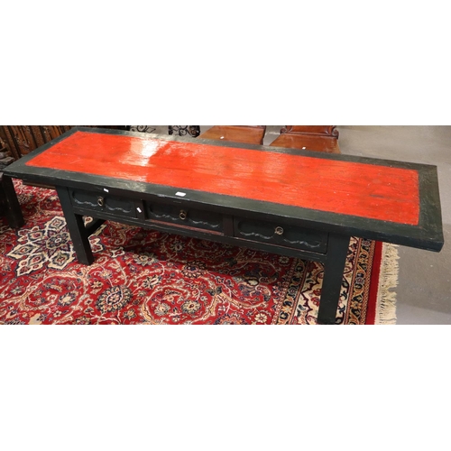 502 - Chinese design painted low alter type table having three drawers on straight rectangular legs.  193c... 