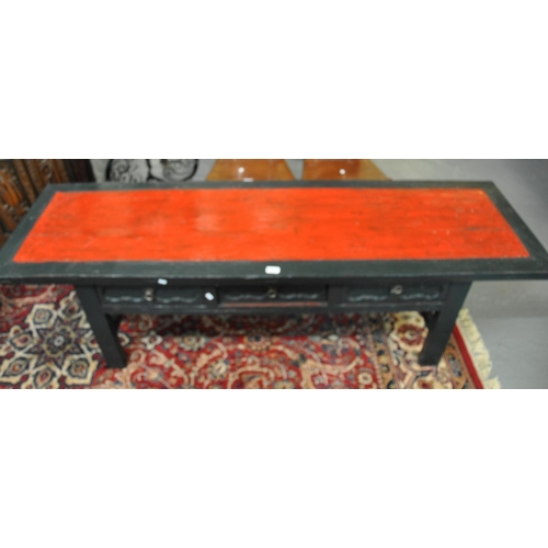 502 - Chinese design painted low alter type table having three drawers on straight rectangular legs.  193c... 