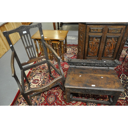 504 - Edwardian stained carver chair with serpentine front, missing its seat, together with a 17th century... 