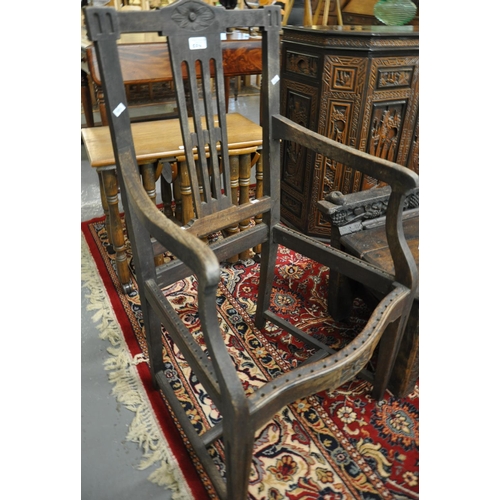 504 - Edwardian stained carver chair with serpentine front, missing its seat, together with a 17th century... 