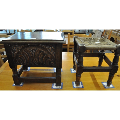 523 - 17th century style oak workbox with hinged lid, together with an early 20th century chord stool of s... 