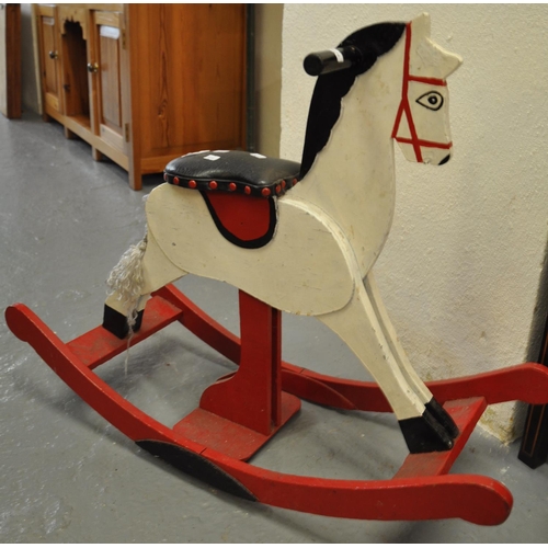 526 - Mid century painted wooden child's rocking horse with leather seat.  (B.P. 21% + VAT)
