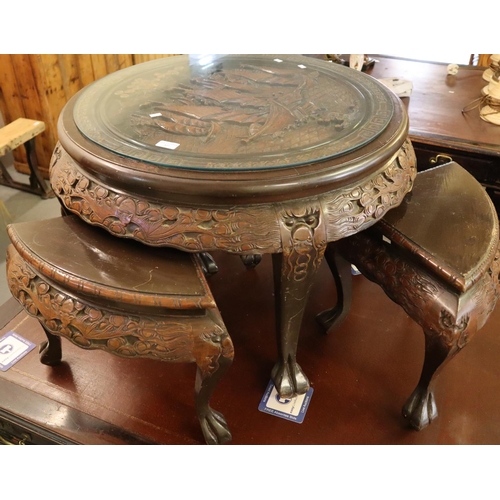 527 - Modern Chinese carved hardwood glass top nest of five tables.  (B.P. 21% + VAT)