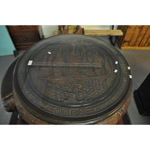 527 - Modern Chinese carved hardwood glass top nest of five tables.  (B.P. 21% + VAT)