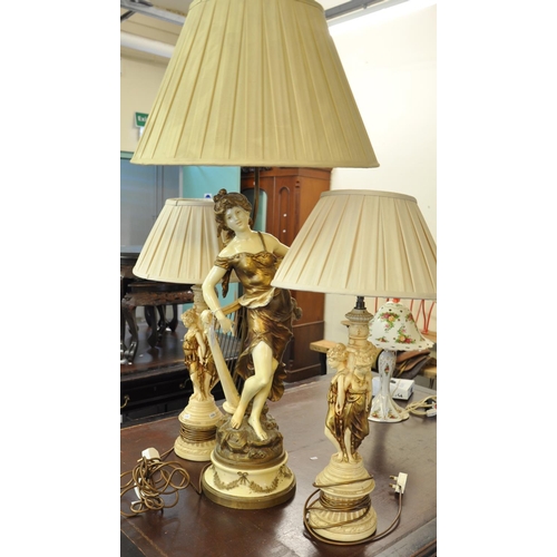 532 - Large table lamp, probably painted spelter of a classical figure with harp on naturalistic base with... 