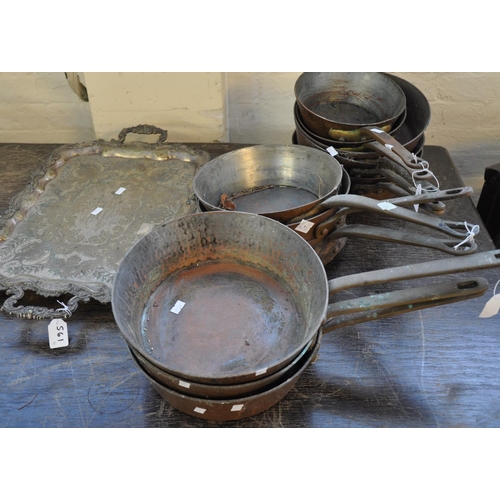 561 - Collection of vintage heavy copper saucepans with iron handles, together with a silver plated presen... 