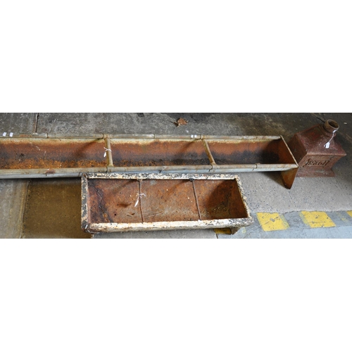 570 - Cast iron feeding trough together with another galvanised feeding trough and a drain hopper marked '... 