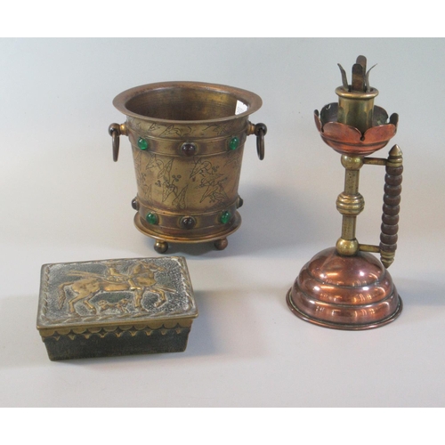 66 - Bronzed two handled mortar surrounded by cabochon coloured stones, together with a lidded box of Che... 