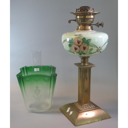 82 - Early 20th Century green glass and frosted shade, green opaline glass reservoir standing on a brass ... 