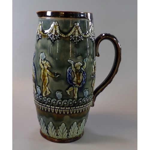 103 - Late 19th Century Doulton Lambeth baluster single handled jug, overall decorated with raised swags a... 