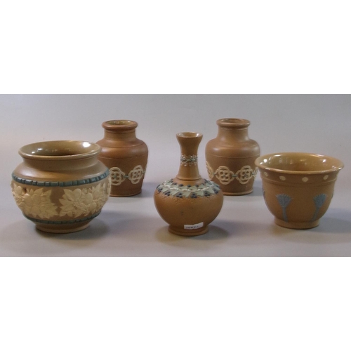 108 - A collection of Doulton silicon ware items to include: pair of baluster vases with Celtic designs, m... 