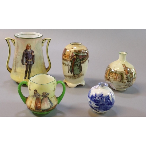 113 - Collection of Royal Doulton Dickens ware vases: two handled vase marked 'Hamlet', blue and white min... 