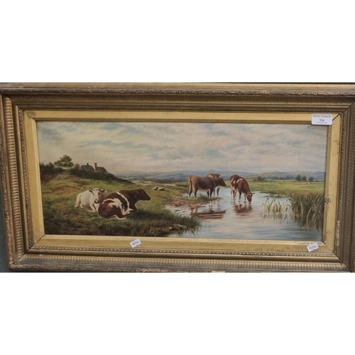 116 - After Thomas Sidney Cooper, Cattle Watering, oils on canvas.  23x57cm approx.  Framed.   (B.P. 21% +... 