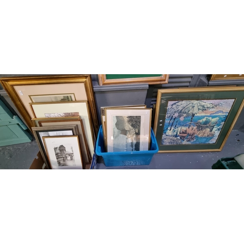 136 - A large collection of assorted furnishing pictures, prints etc, topographical scenes, still life stu... 