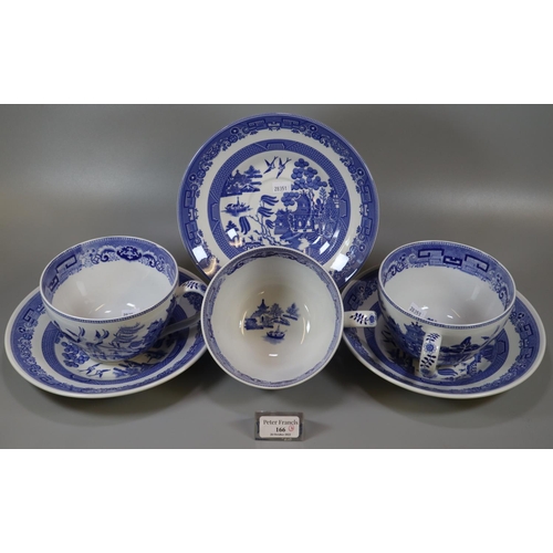 166 - Three The Spode Blue Room Collection 'Willow' blue and white transfer printed breakfast cups and sau... 