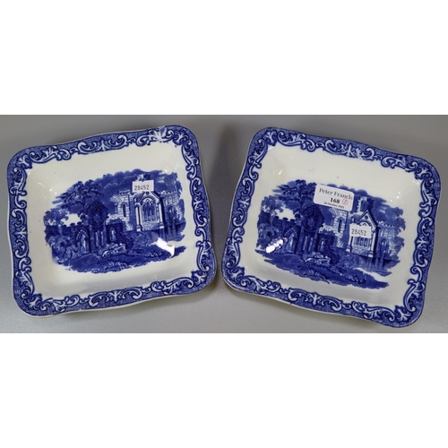 168 - Two blue and white transfer printed shredded wheat dishes of rectangular form, marked G.E.O. Jones &... 