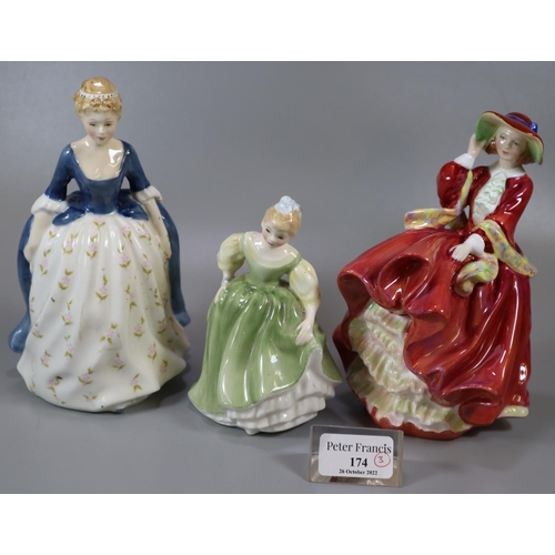 174 - Three Royal Doulton bone china figurines to include: 'Fair Maiden', 'Top O'the Hill' and 'Alison'. (... 