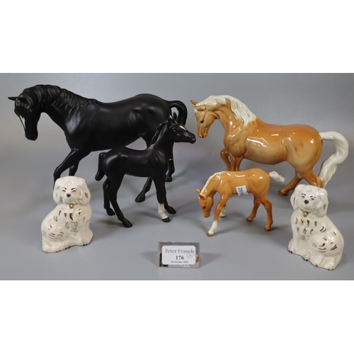 176 - Pair of small Beswick china fireside seated spaniels, together with a collection of Beswick horses a... 