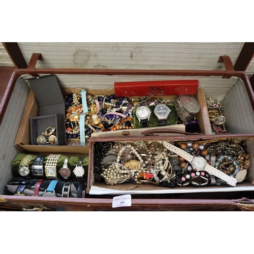 185 - Vintage leather suitcase to include: a collection of vintage and other jewellery, fan, watches, leat... 