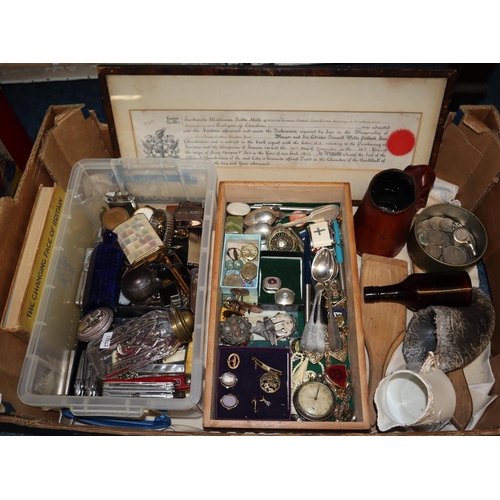 187A - Tray of assorted items, to include: GB coins, watches, lighters, enamel badges, penknives, pillboxes... 