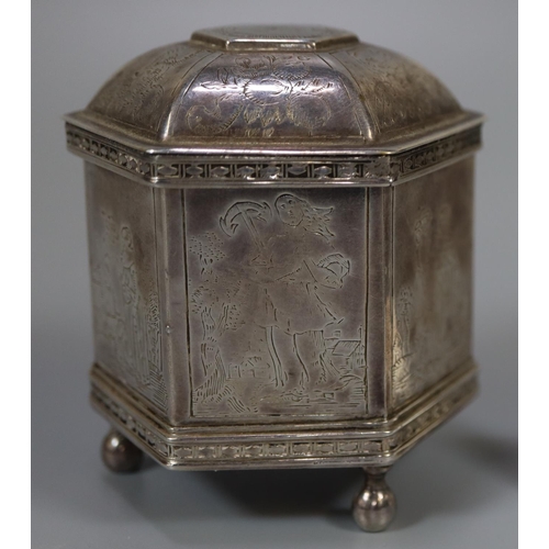 201 - 20th century white metal octagonal shaped box with domed cover, overall engraved with religious and ... 