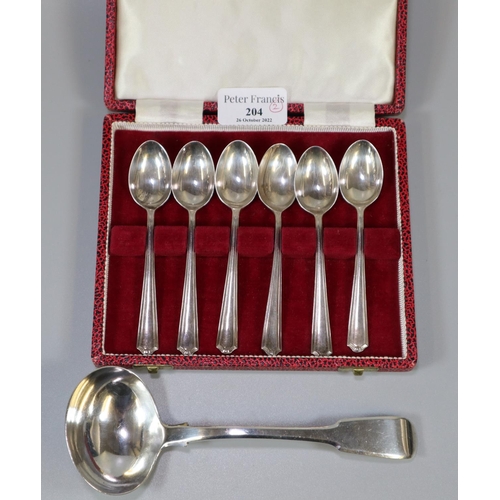 204 - Cased set of six silver Art Deco design reeded edge coffee spoons, together with a George III 'Fiddl... 