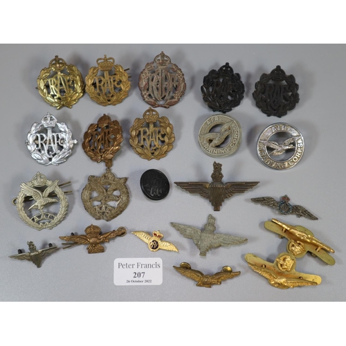 207 - Collection of mainly RAF cap badges, wings etc.   (B.P. 21% + VAT)