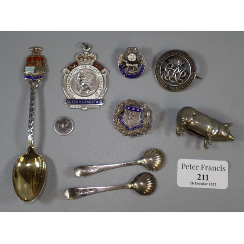 211 - Collection of commemorative and armorial items: George VI Services Rendered badge, salt spoons, meta... 