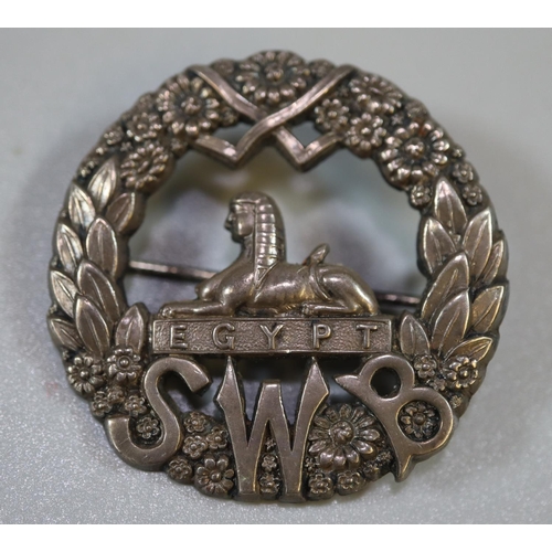 214 - South Wales Borderers silver pin badge.   (B.P. 21% + VAT)