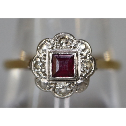 224 - Yellow metal ruby and diamond ring.  Ring size Q.  Approx weight 3.2 grams.
(B.P. 21% + VAT)