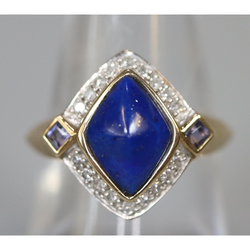 225 - 9ct gold lapis lazuli and diamond dress ring.  Ring size N.  Approx weight 2.8 grams.
(B.P. 21% + VA... 