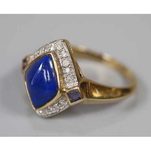 225 - 9ct gold lapis lazuli and diamond dress ring.  Ring size N.  Approx weight 2.8 grams.
(B.P. 21% + VA... 