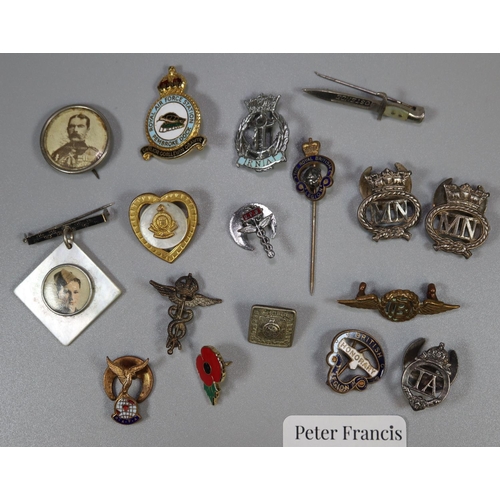 266 - Collection of assorted military type pin badges including Royal Airforce station Pembroke Dock, Roya... 