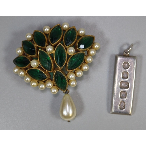 273 - Silver hallmarked ingot and a pearl and stone set flower head design pin brooch.  (B.P. 21% + VAT)