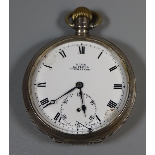 276 - Kays keyless lever silver 'Challenge' open faced pocket watch with Roman face and seconds dial.   (B... 