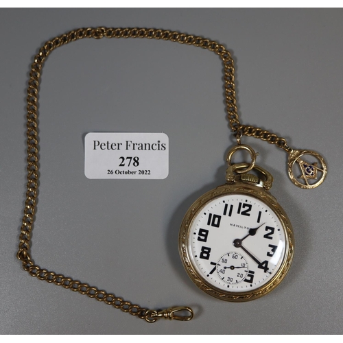 278 - Hamilton keyless lever gold plated open faced pocket watch with Arabic face having seconds dial on g... 