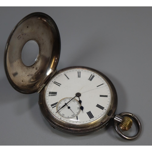 279 - Silver keyless lever half hunter pocket watch with Roman face having seconds dial.   (B.P. 21% + VAT... 