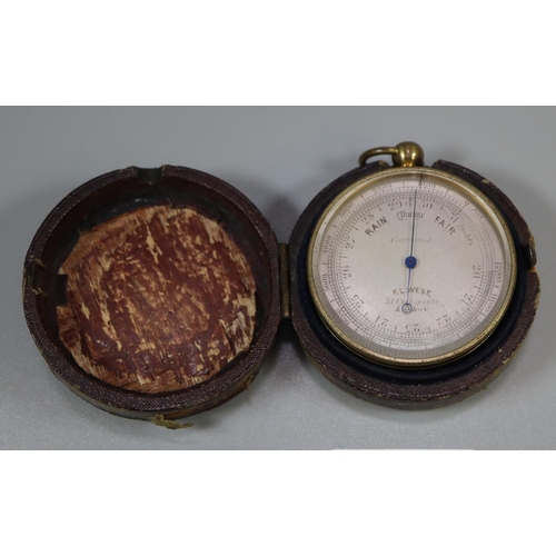 280 - Gilt metal pocket barometer marked 'F L West, Cockspur St, London' with silvered dial, in leather co... 